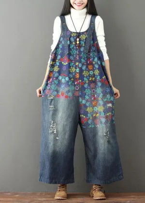 Elegant Casual Print Wide Leg Blue Autumn Jumpsuit Denim