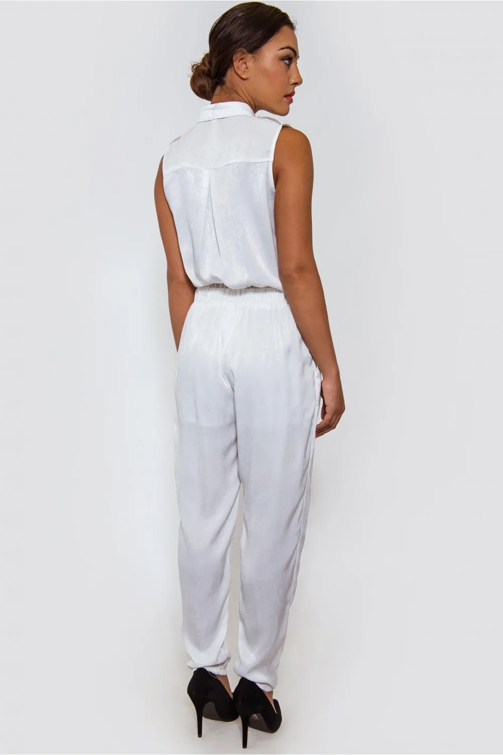 Ella White Satin Utility Jumpsuit