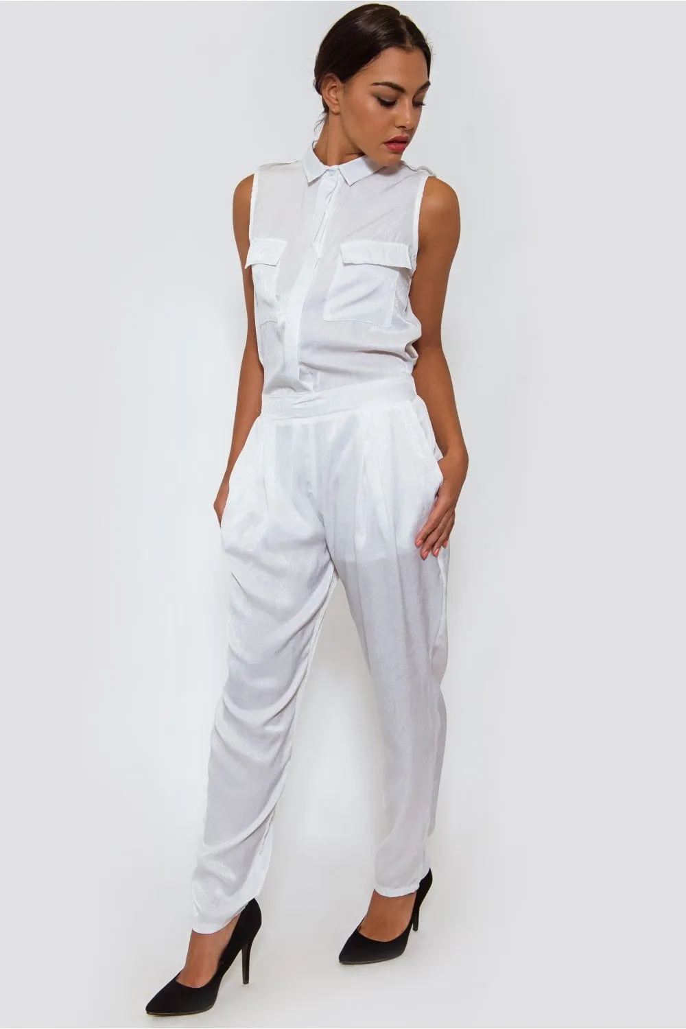 Ella White Satin Utility Jumpsuit
