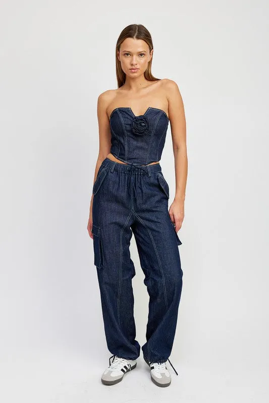 Emory Park DENIM CORSET TUBE TOP WITH ROSETTE DETAIL