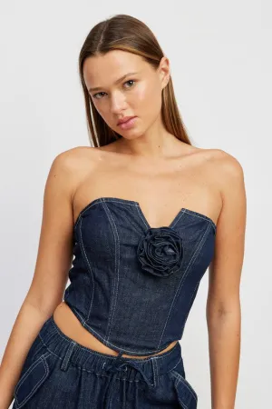 Emory Park DENIM CORSET TUBE TOP WITH ROSETTE DETAIL