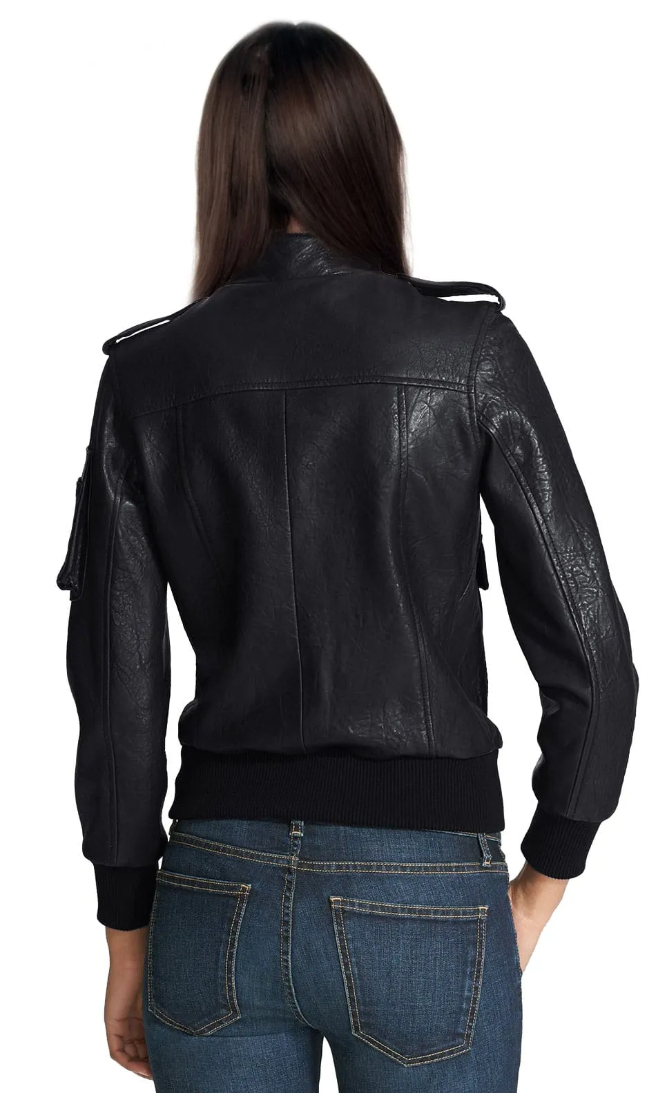 Epaulet Charm Leather Bomber Jacket for Women