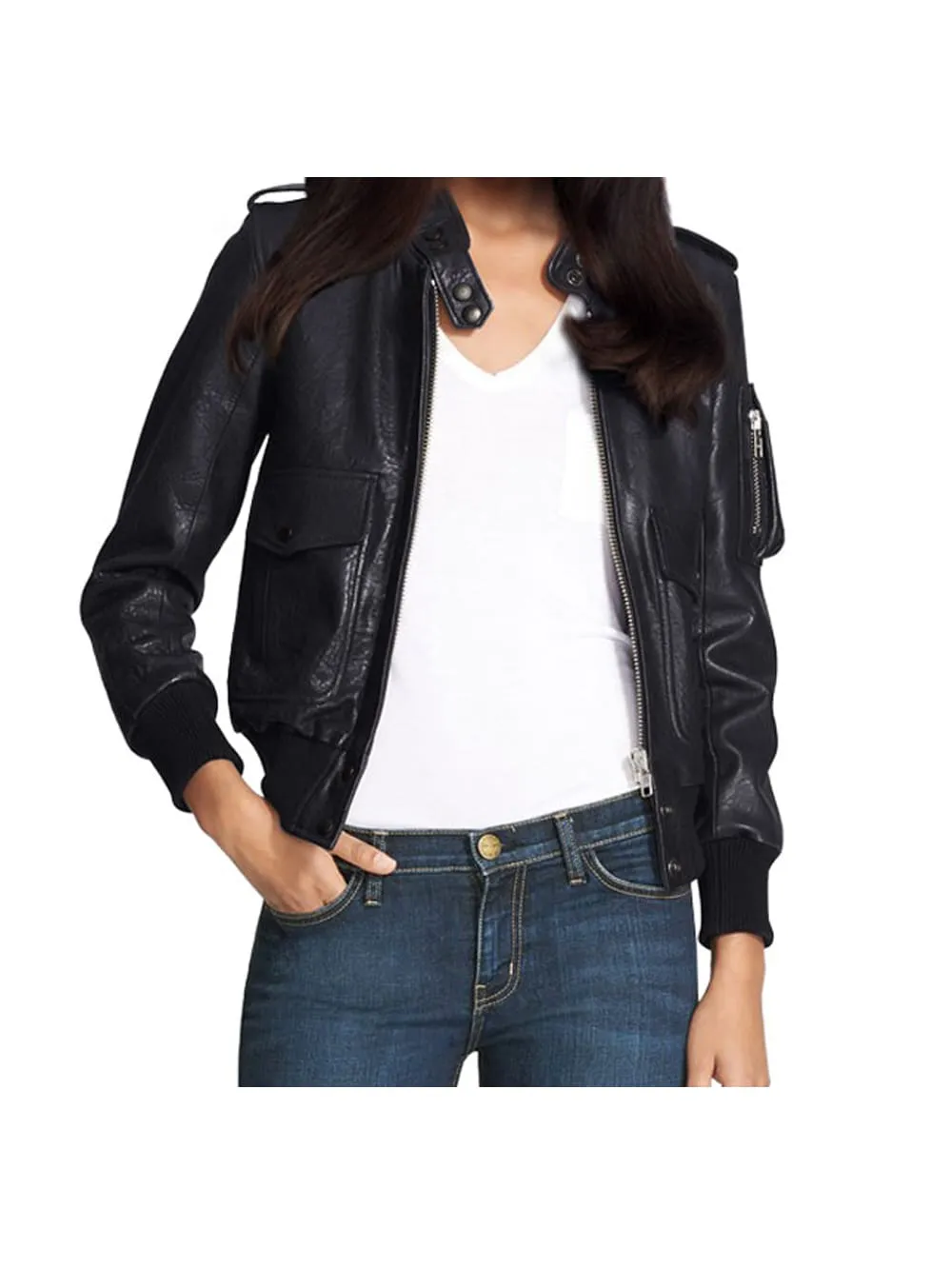 Epaulet Charm Leather Bomber Jacket for Women