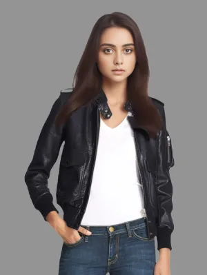 Epaulet Charm Leather Bomber Jacket for Women