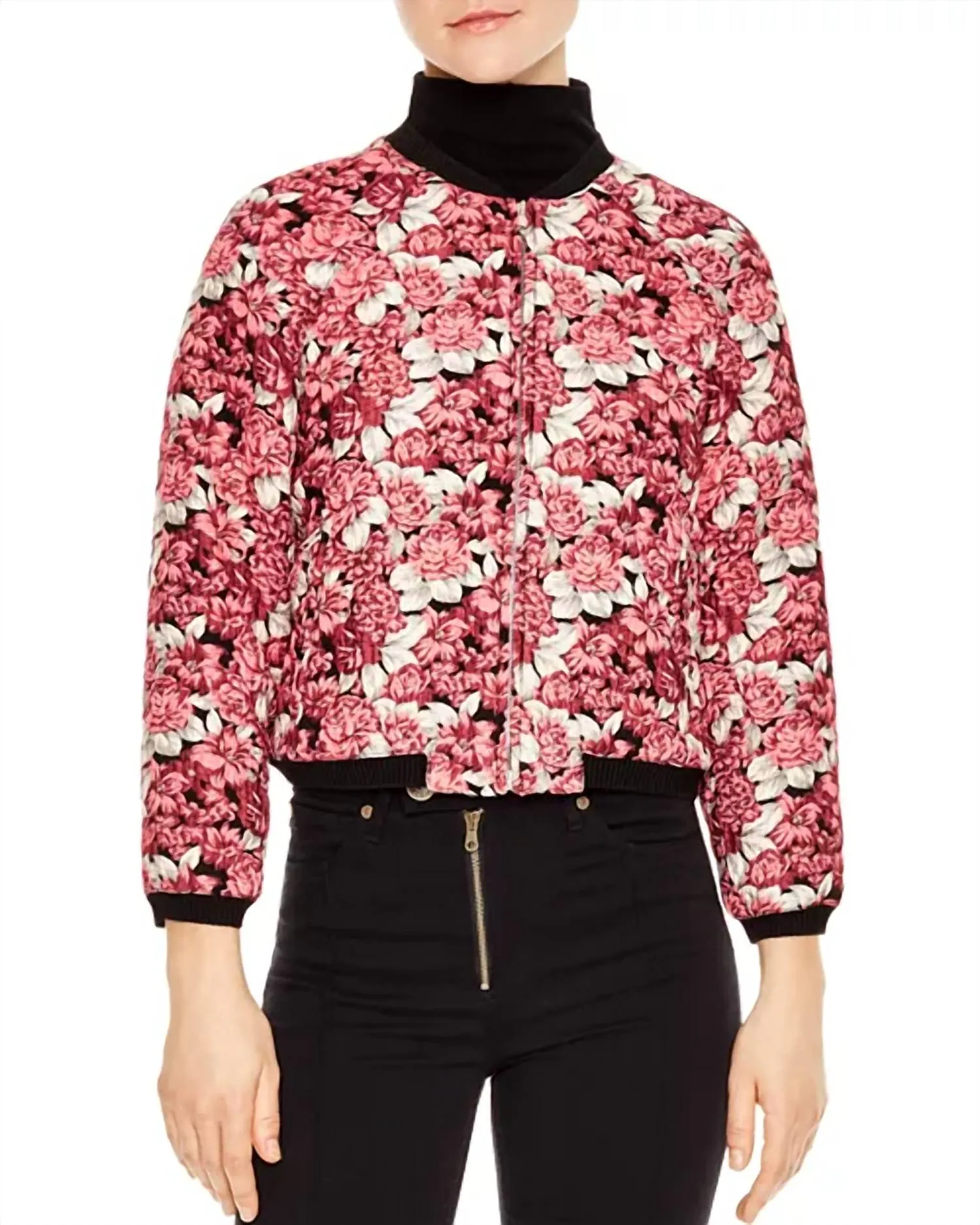 Evora Floral Jacquard Cropped Bomber Jacket Rose Pink Size 1 (Us Small) Nwt
