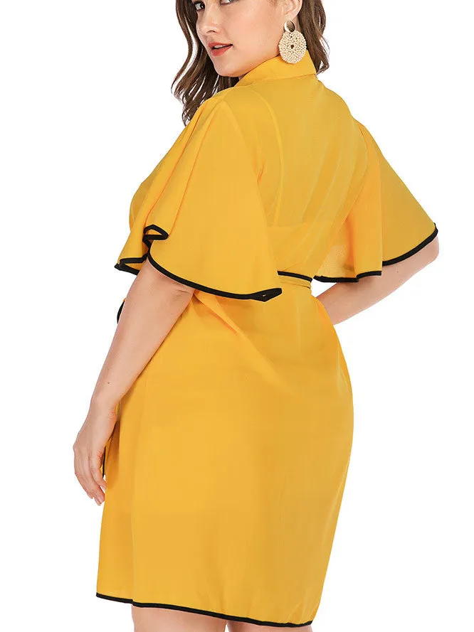 Fashion Button Large Size Dress Loose Lotus Leaf Sleeve Dress with Waist Dress