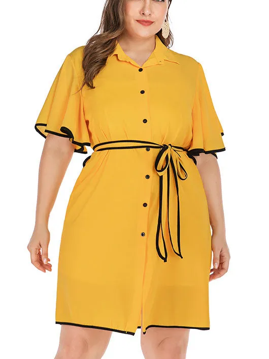 Fashion Button Large Size Dress Loose Lotus Leaf Sleeve Dress with Waist Dress