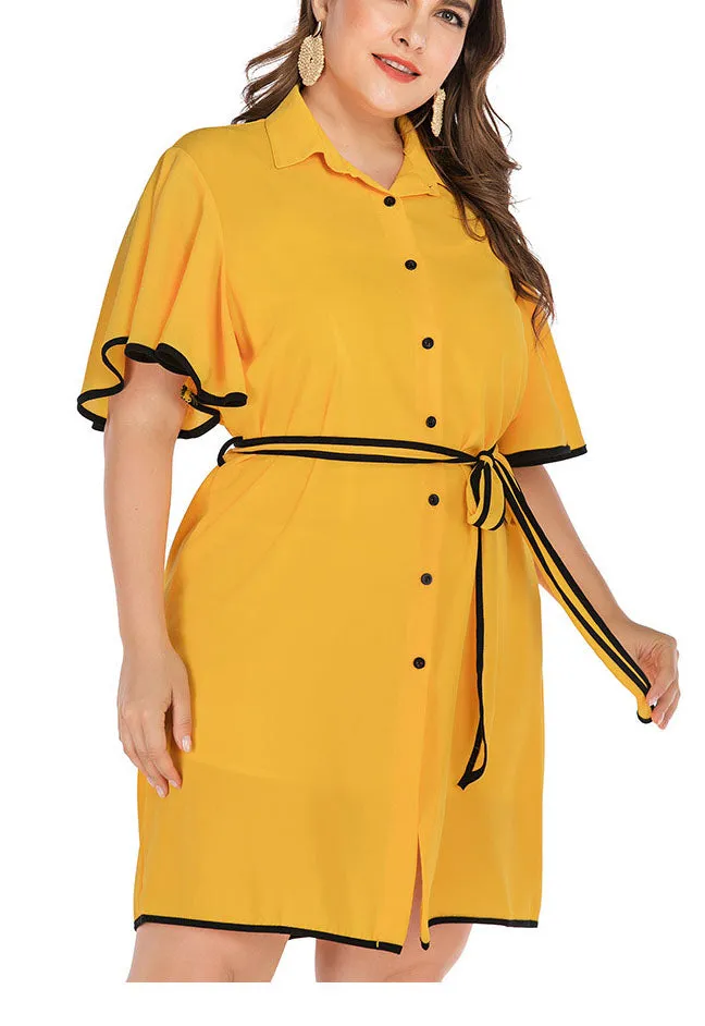 Fashion Button Large Size Dress Loose Lotus Leaf Sleeve Dress with Waist Dress