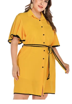 Fashion Button Large Size Dress Loose Lotus Leaf Sleeve Dress with Waist Dress