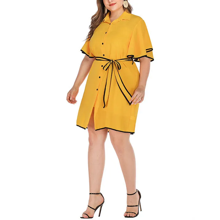 Fashion Button Large Size Dress Loose Lotus Leaf Sleeve Dress with Waist Dress