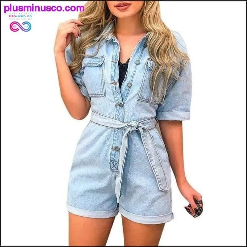 Fashion Women Denim Playsuits Sexy Lapel Short Sleeve Pocket