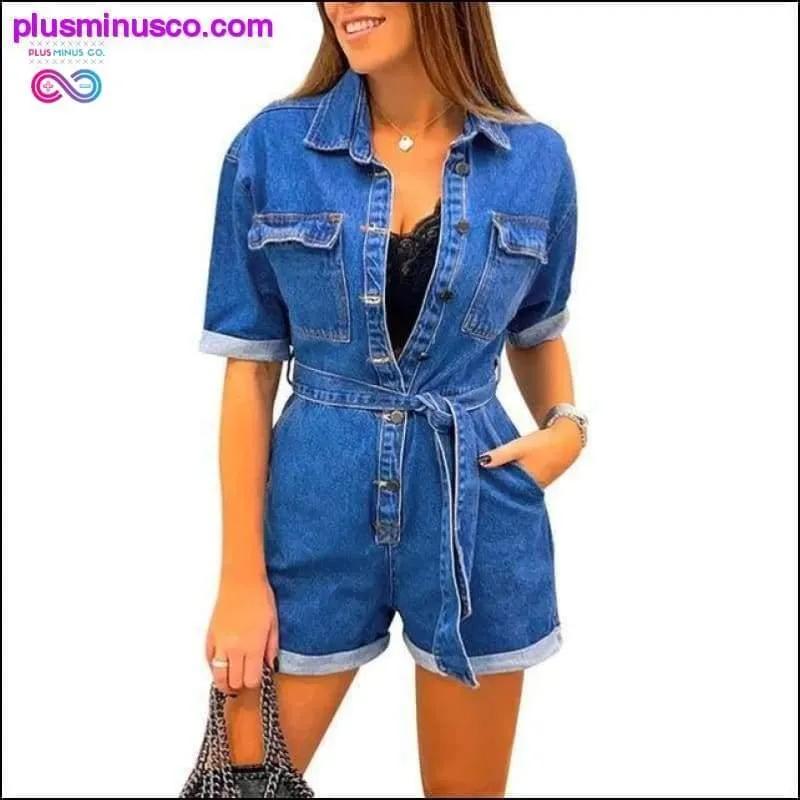 Fashion Women Denim Playsuits Sexy Lapel Short Sleeve Pocket