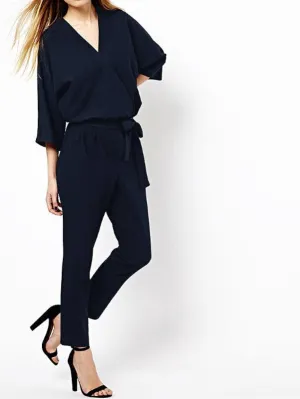 Fashion Women Jumpsuits Solid Color Bodysuit Half Sleeve V Neck Casual Style Elegant Ladies Long Romper Overalls