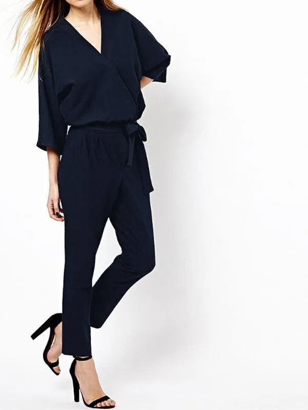 Fashion Women Jumpsuits Solid Color Bodysuit Half Sleeve V Neck Casual Style Elegant Ladies Long Romper Overalls