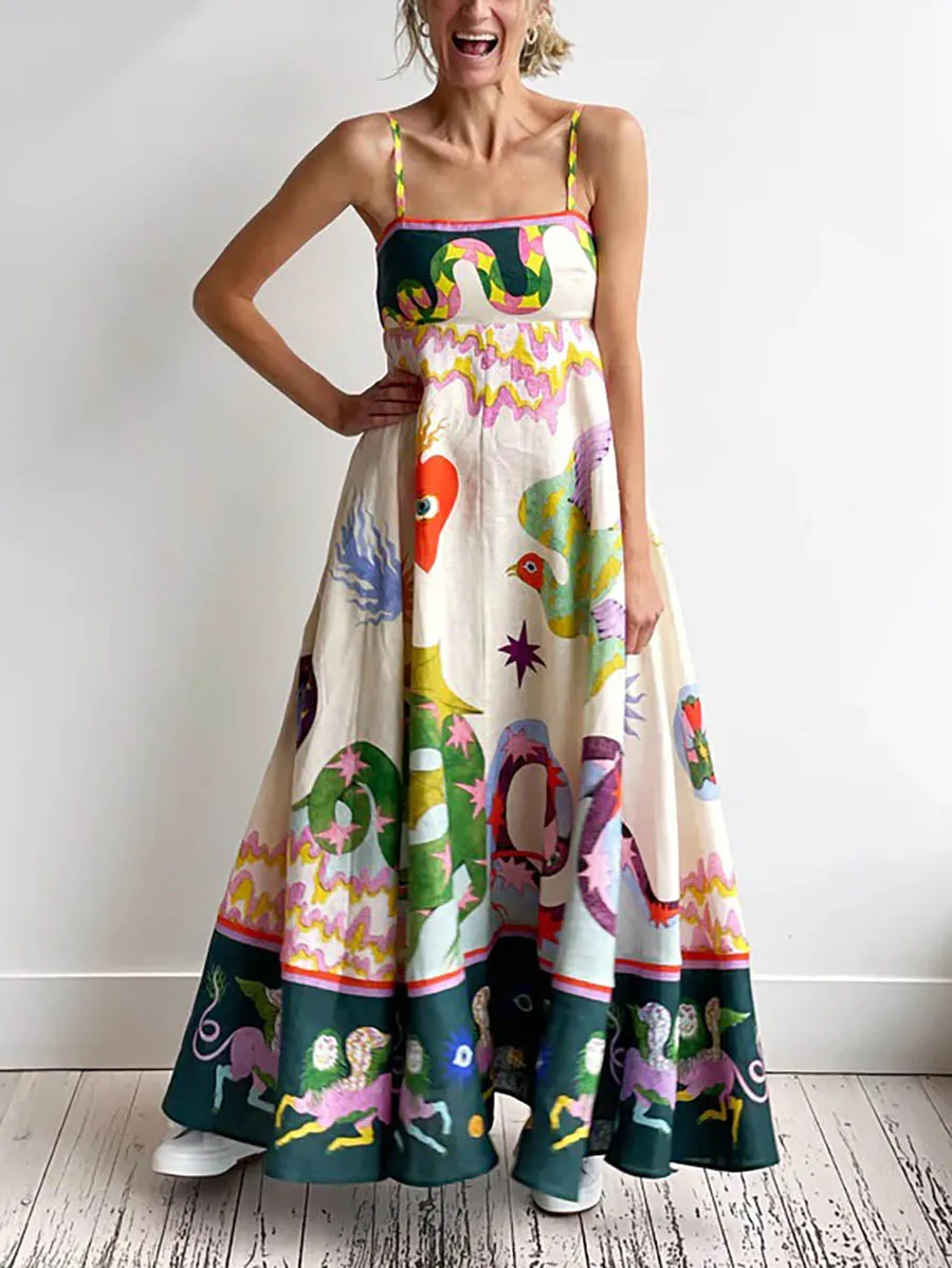 Feel Effortlessly Linen Blend Unique Print Smocked Back Pocketed Midi Dress