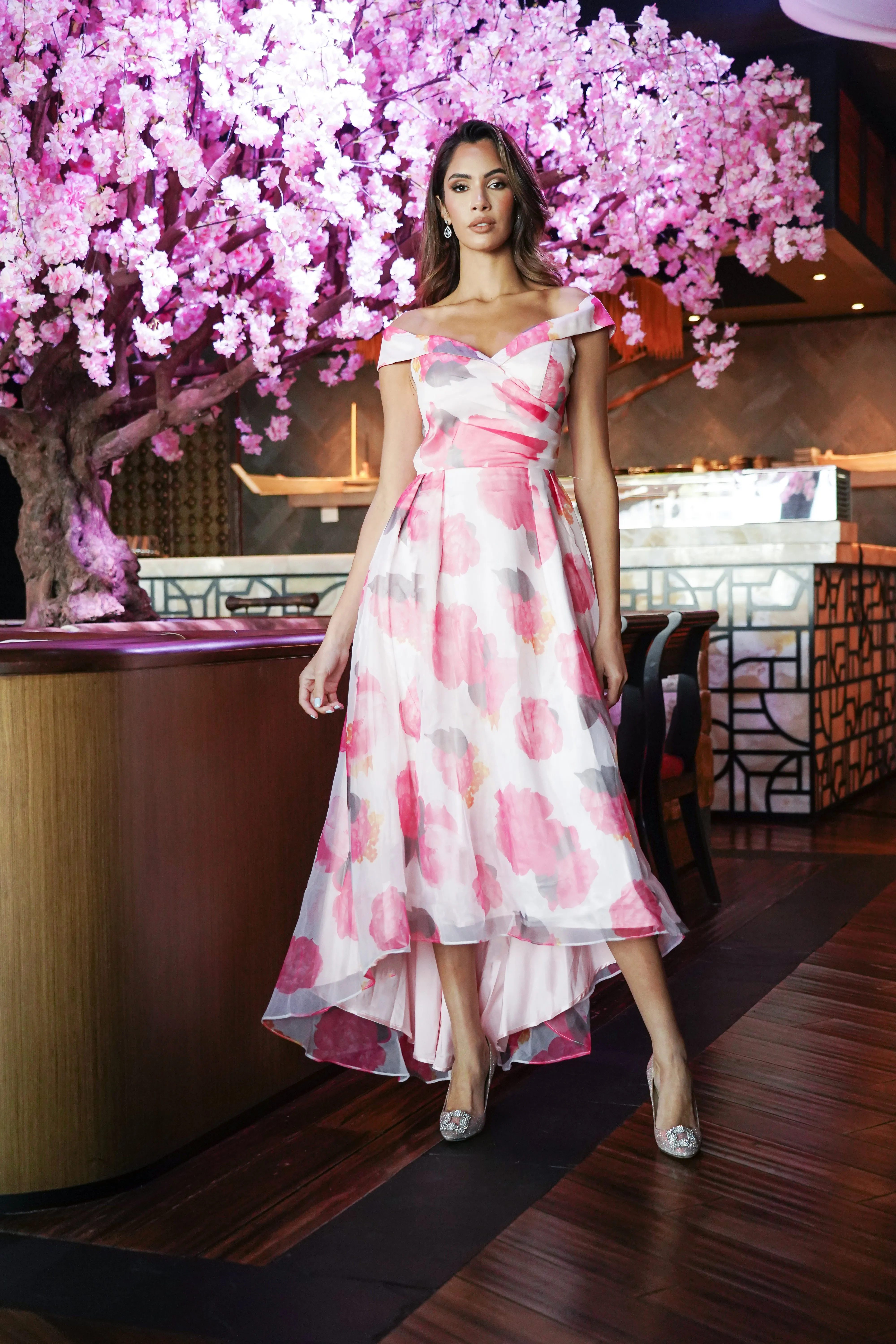 Floral Print Off the Shoulder Tulle Midi Dress