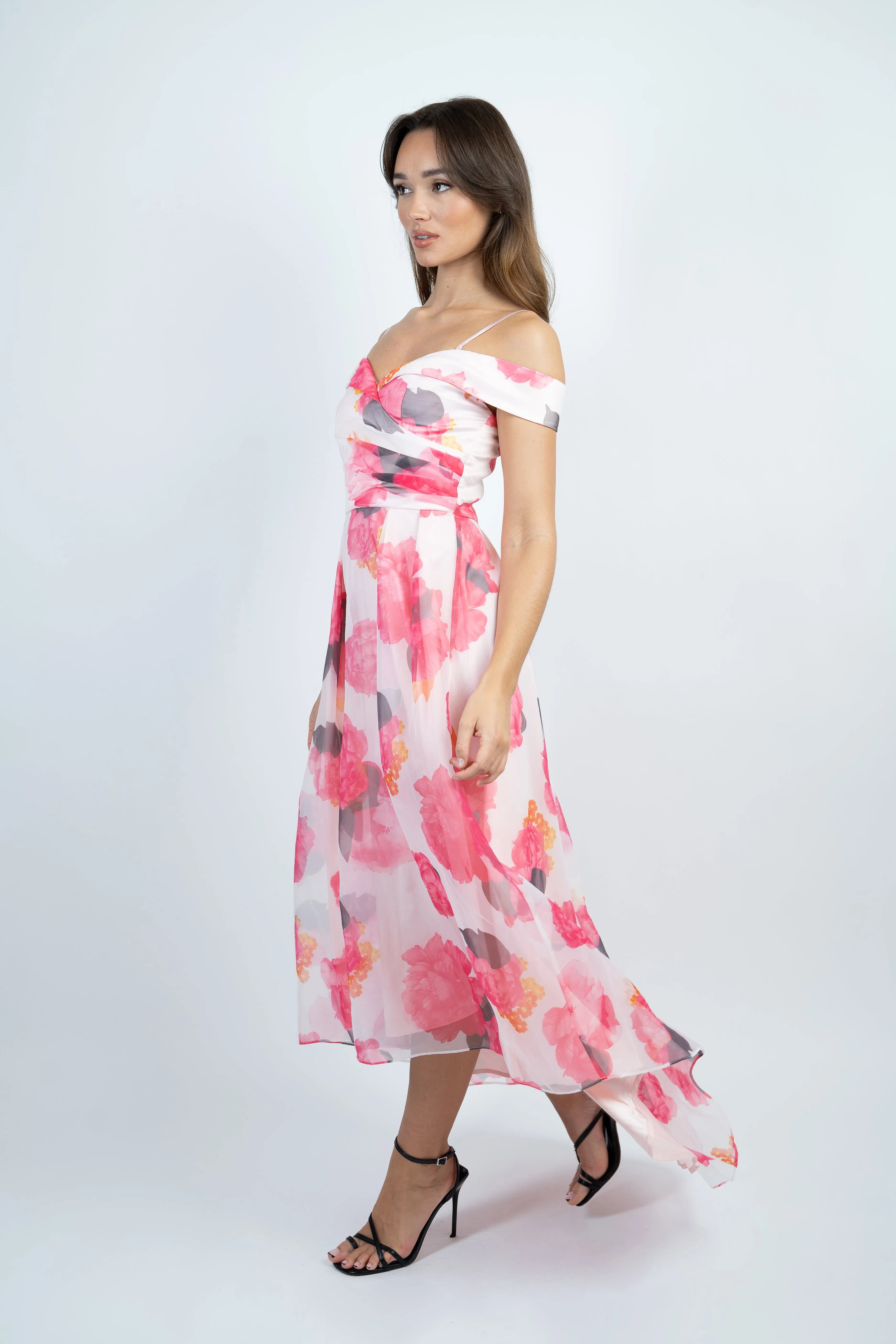 Floral Print Off the Shoulder Tulle Midi Dress
