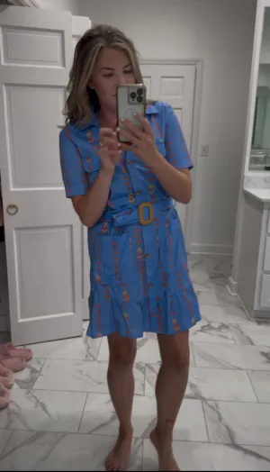 Floral Vine Pocket Shirt Dress w/ Belt - Periwinkle