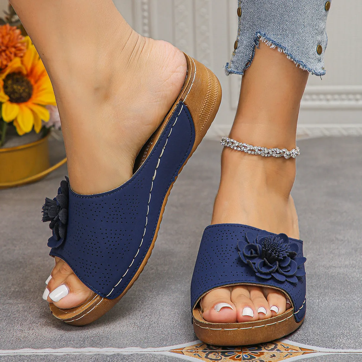Flower Peep Toe Wedge Sandals