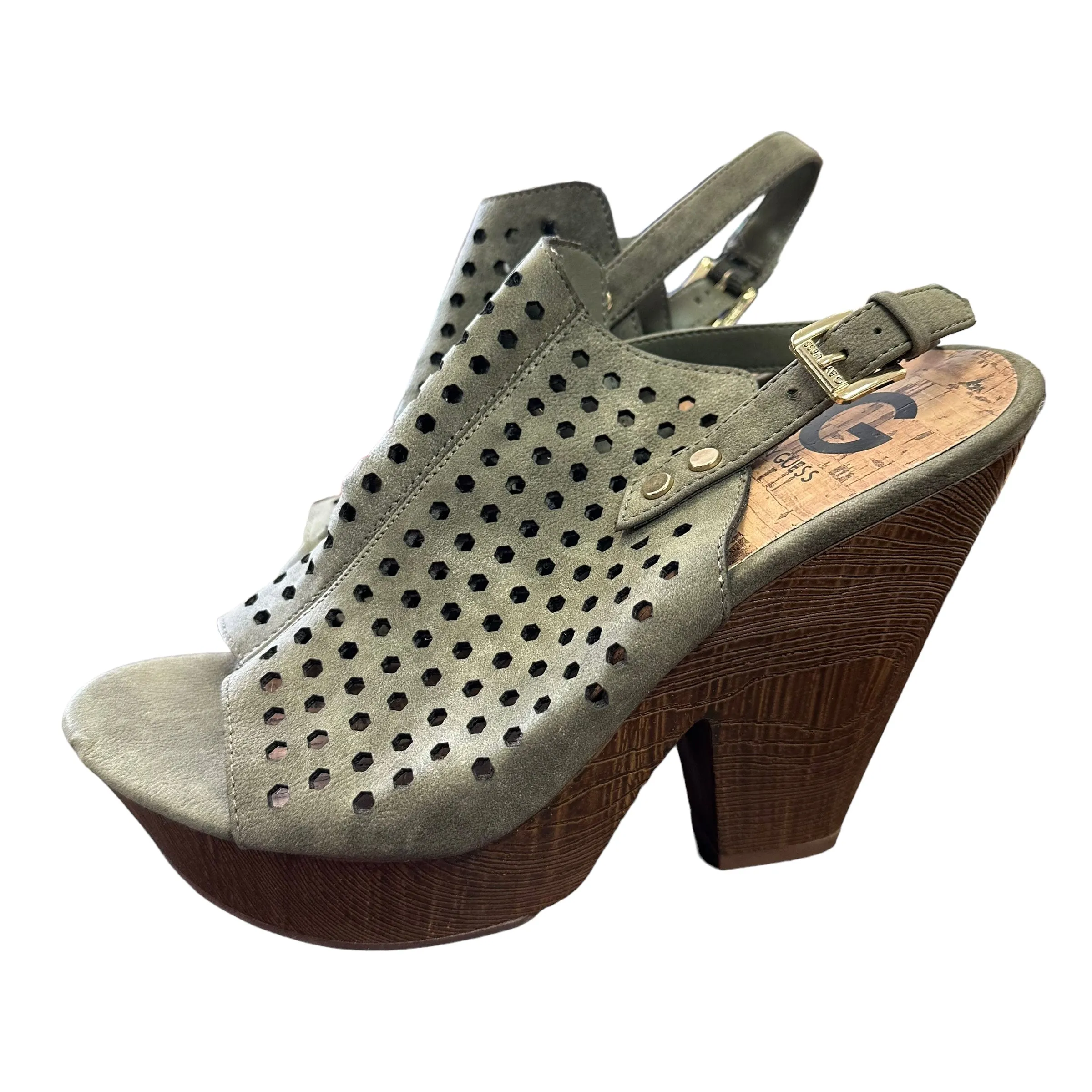 G BY GUESS GREEN WOODEN PLATFORM HEELS - SZ 9.5 - 100