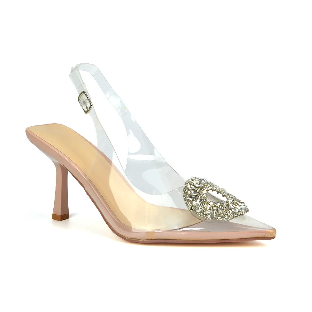 Gabbi Perspex Stiletto High Heels Pointed Toe Slingback Clear Court Shoes in Nude