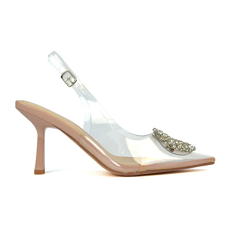 Gabbi Perspex Stiletto High Heels Pointed Toe Slingback Clear Court Shoes in Nude