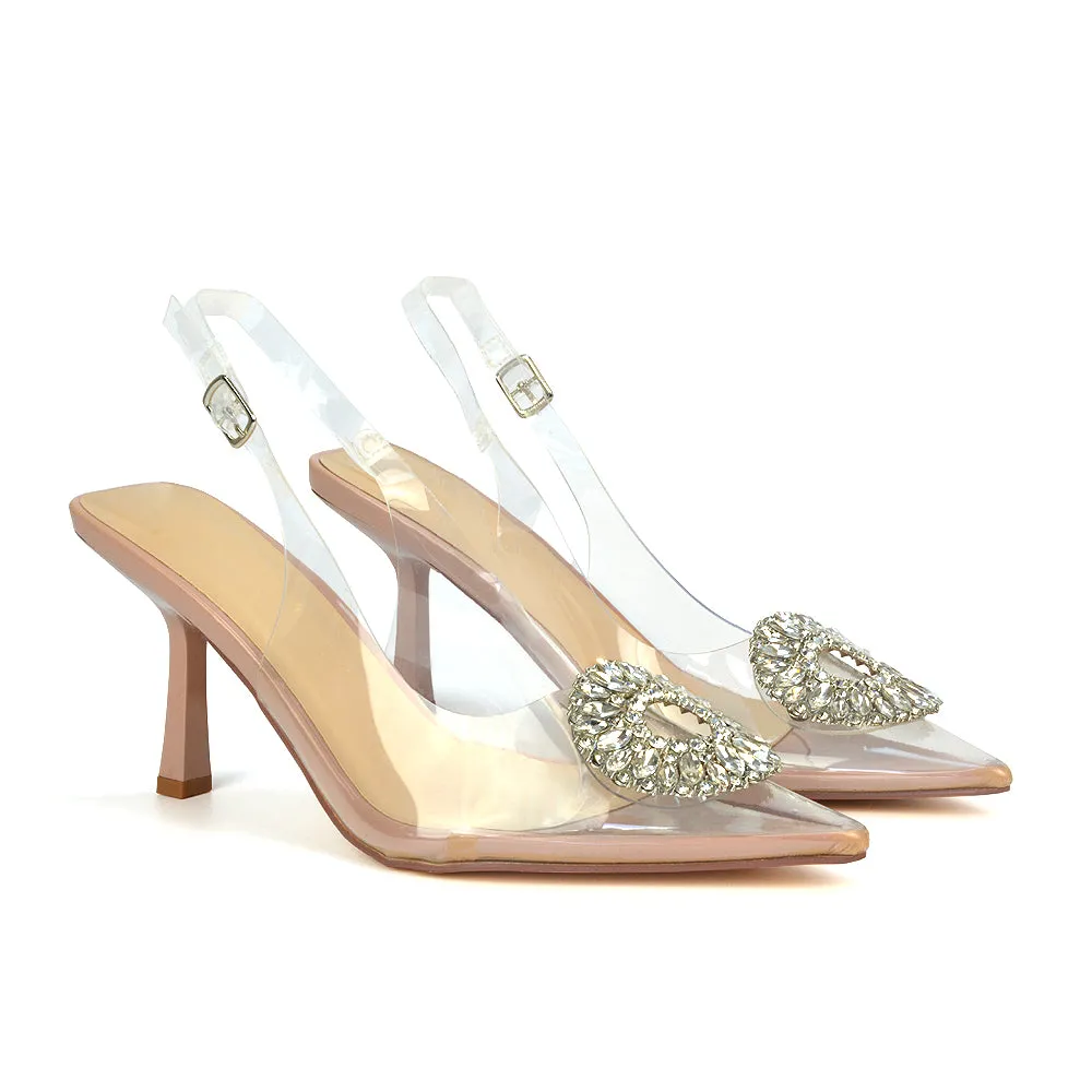 Gabbi Perspex Stiletto High Heels Pointed Toe Slingback Clear Court Shoes in Nude