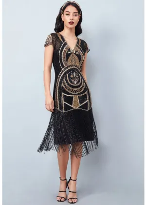 Gatsbylady Mary Fringe 20's Flapper Dress Black Gold