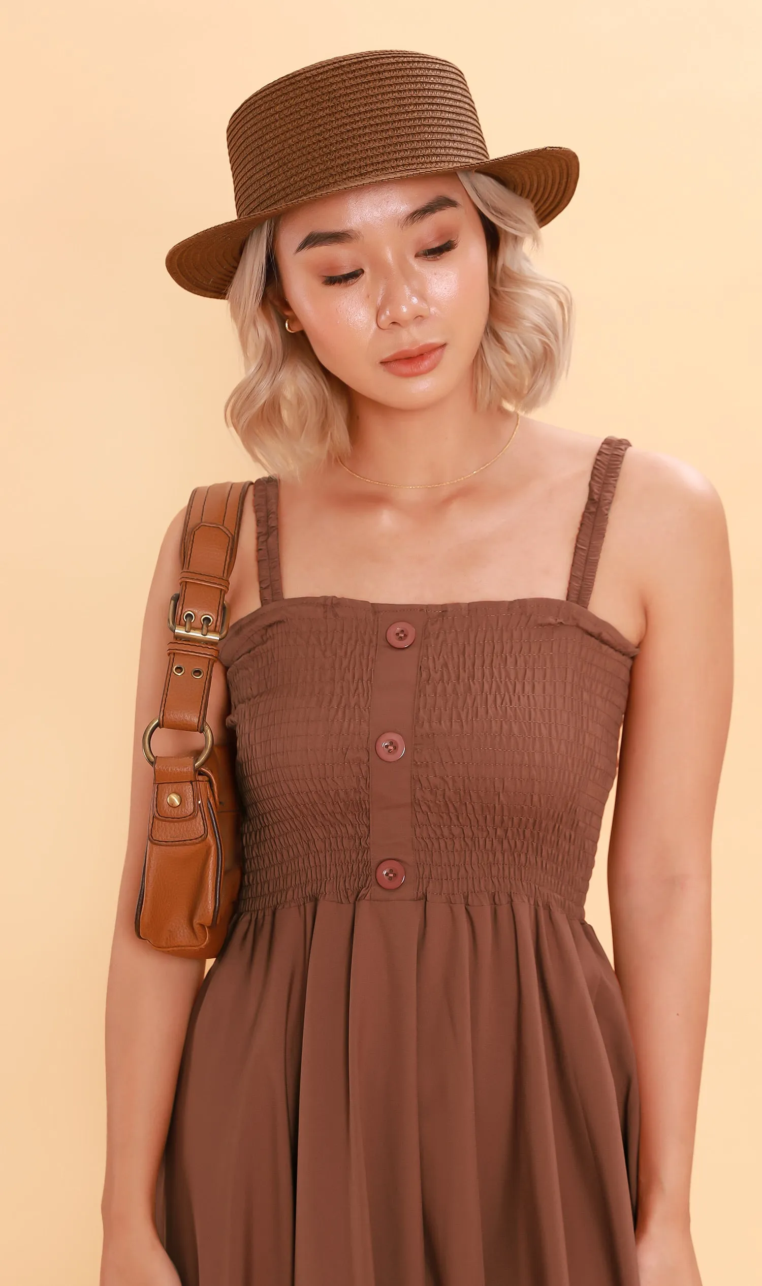 GENEVIEVE Smocked Midi Dress (Chocolate)