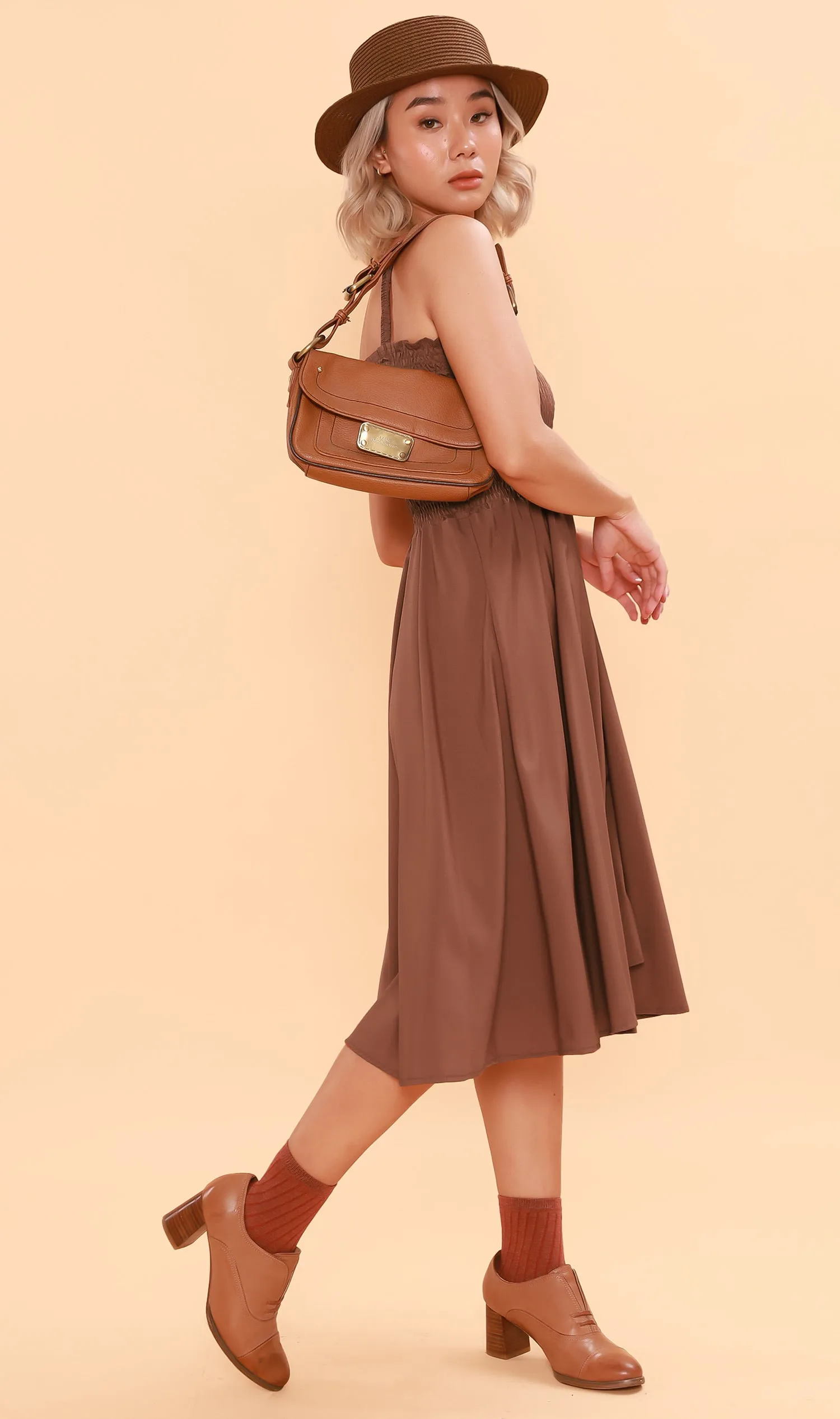 GENEVIEVE Smocked Midi Dress (Chocolate)