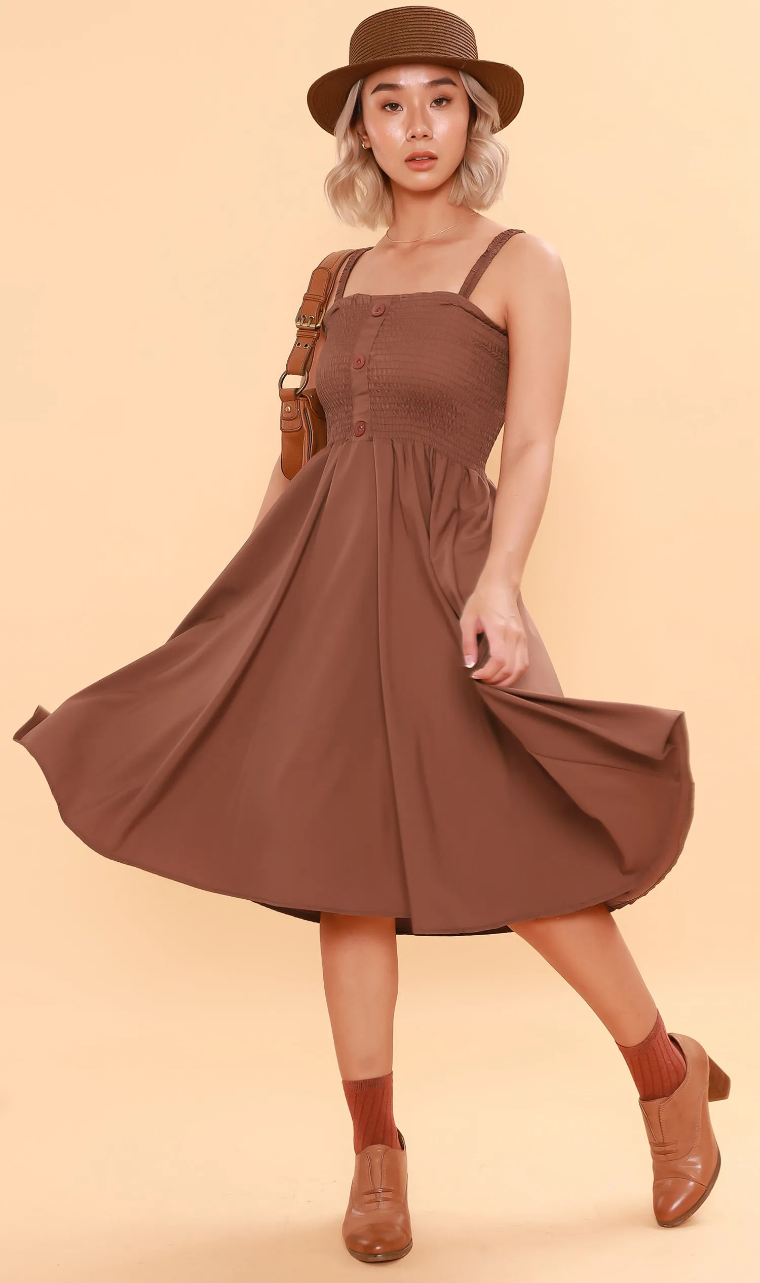 GENEVIEVE Smocked Midi Dress (Chocolate)