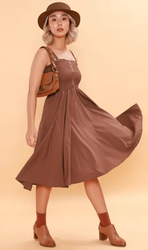 GENEVIEVE Smocked Midi Dress (Chocolate)