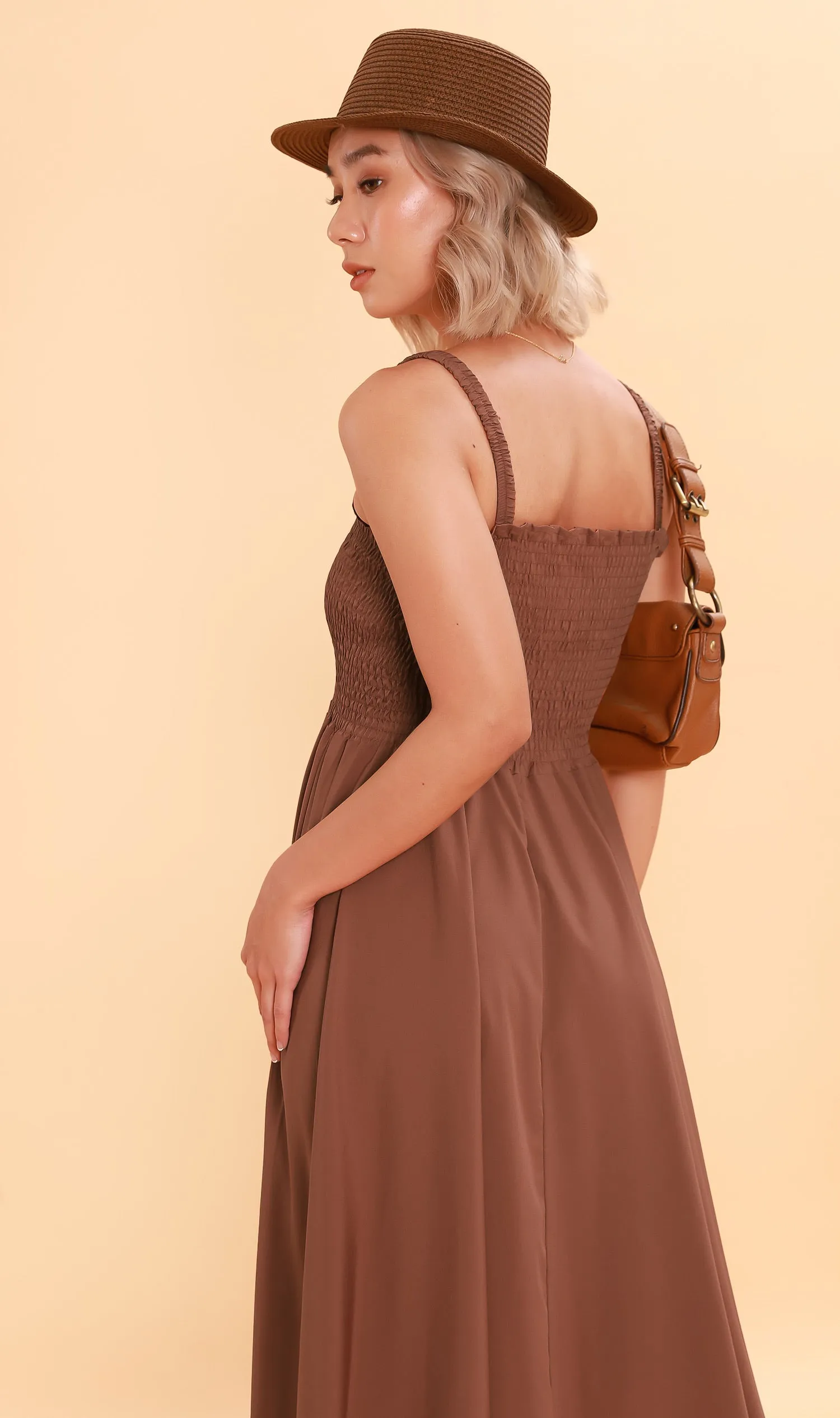 GENEVIEVE Smocked Midi Dress (Chocolate)