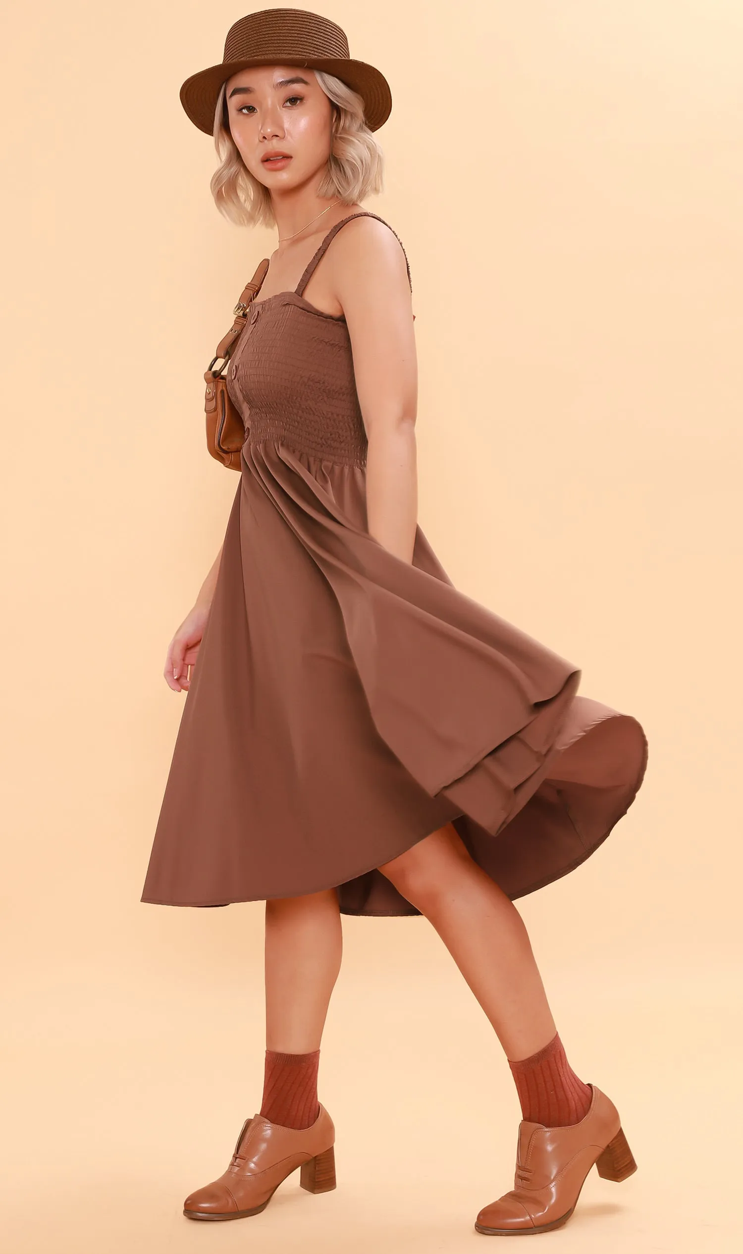 GENEVIEVE Smocked Midi Dress (Chocolate)