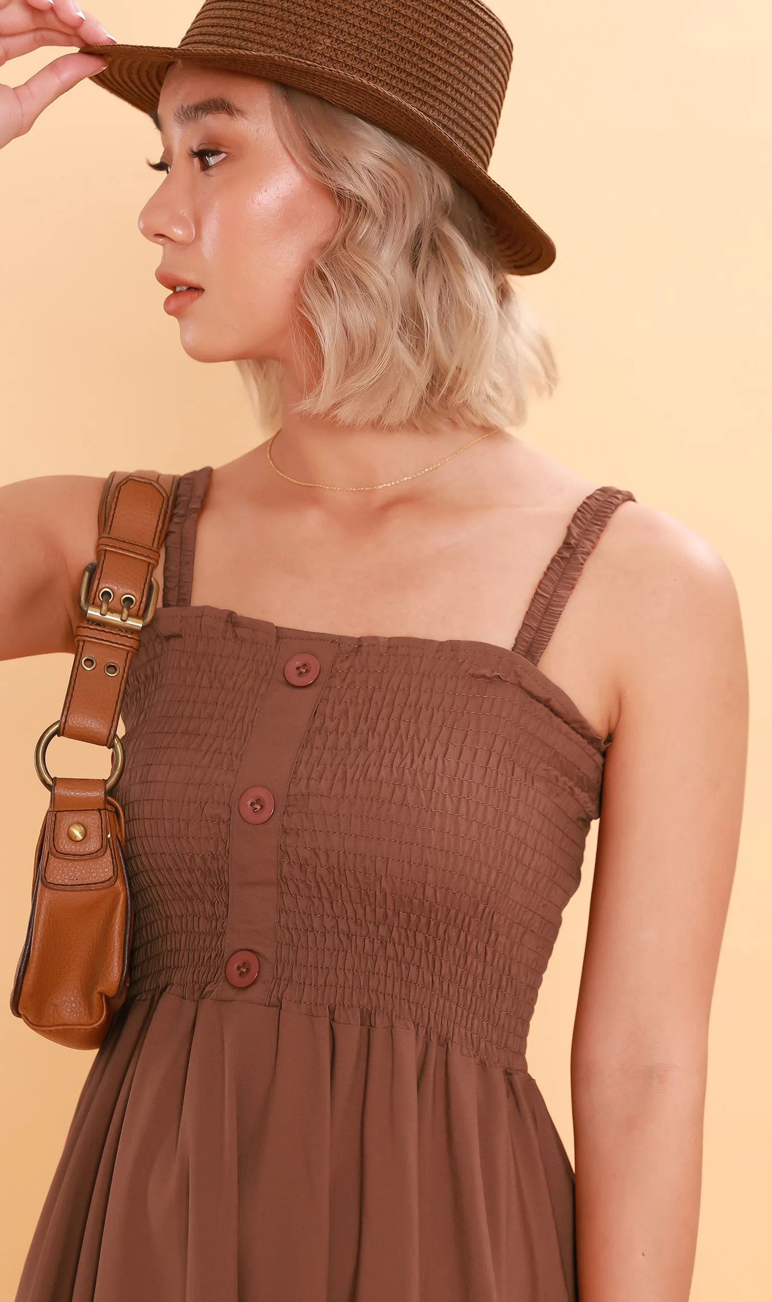 GENEVIEVE Smocked Midi Dress (Chocolate)