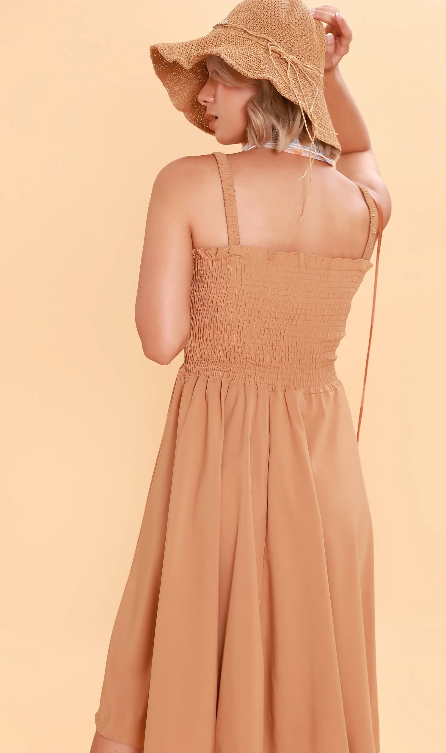 GENEVIEVE Smocked Midi Dress (Latte Brown)