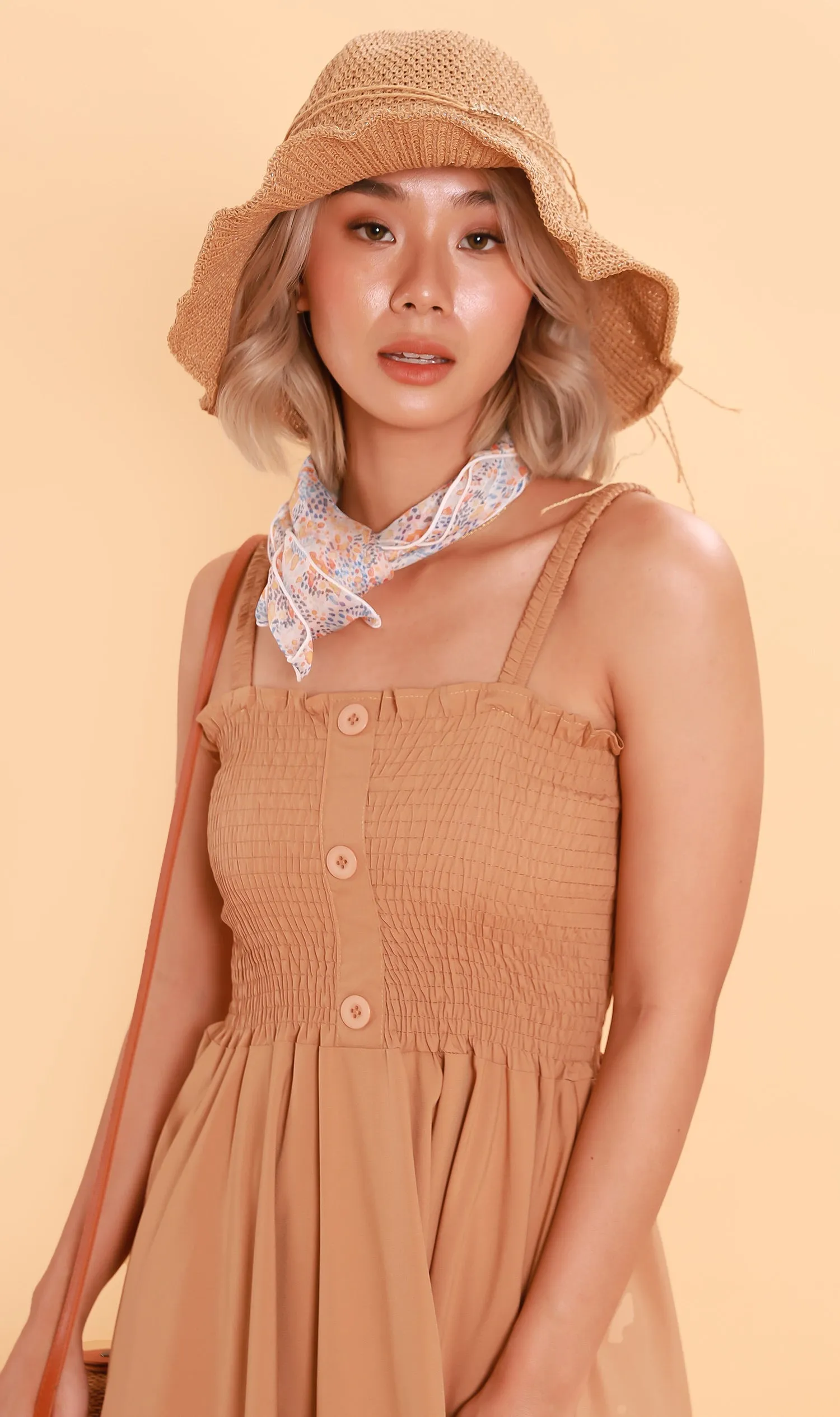 GENEVIEVE Smocked Midi Dress (Latte Brown)