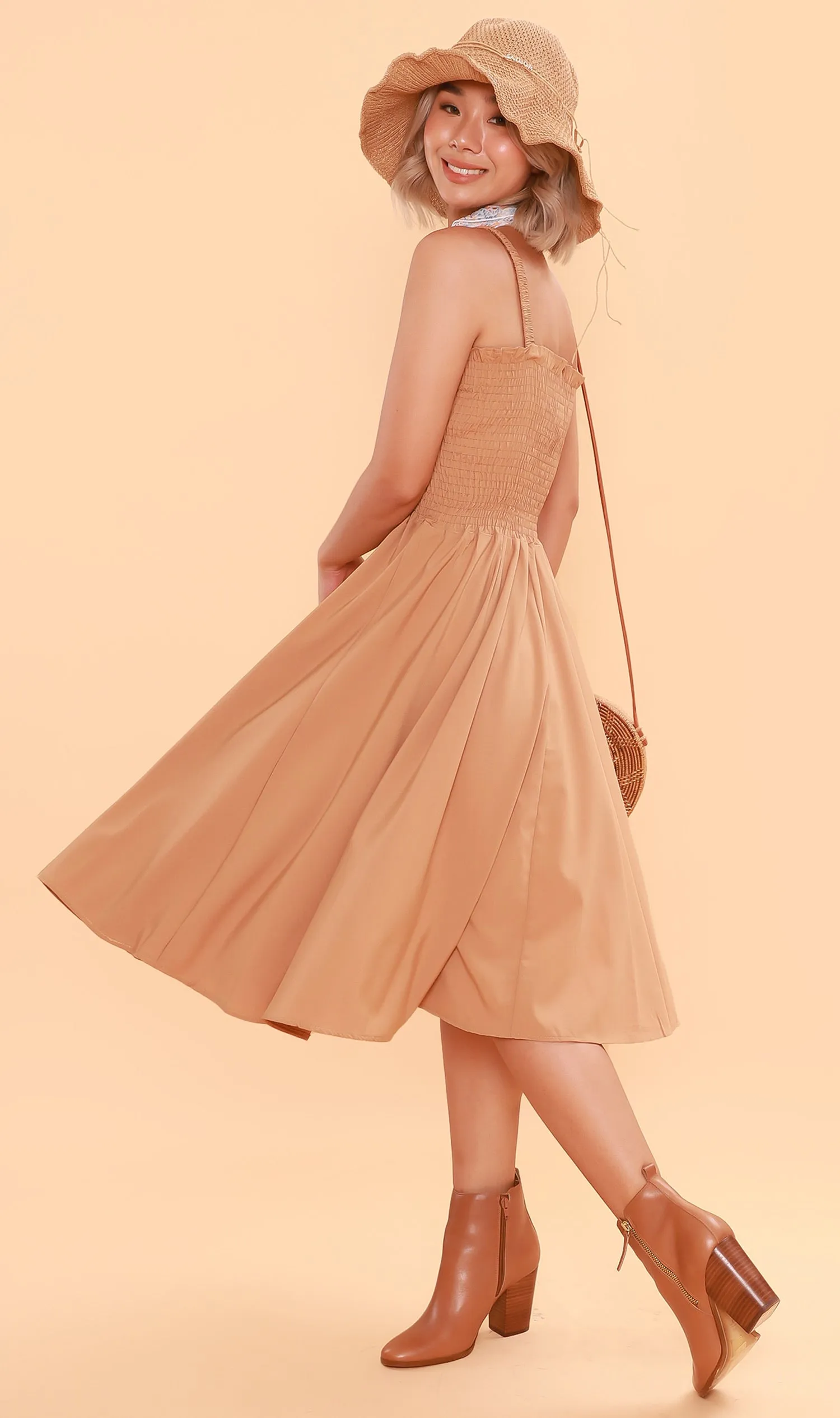 GENEVIEVE Smocked Midi Dress (Latte Brown)