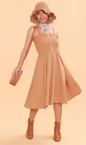 GENEVIEVE Smocked Midi Dress (Latte Brown)