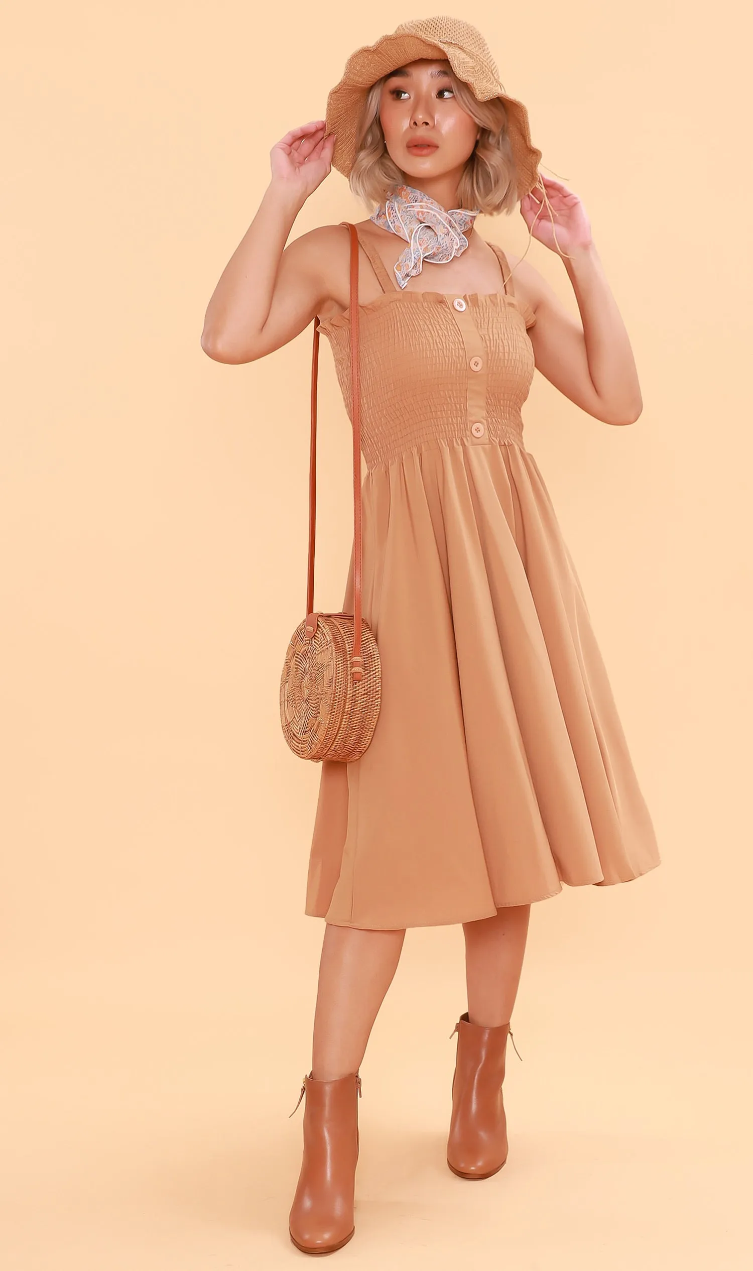GENEVIEVE Smocked Midi Dress (Latte Brown)