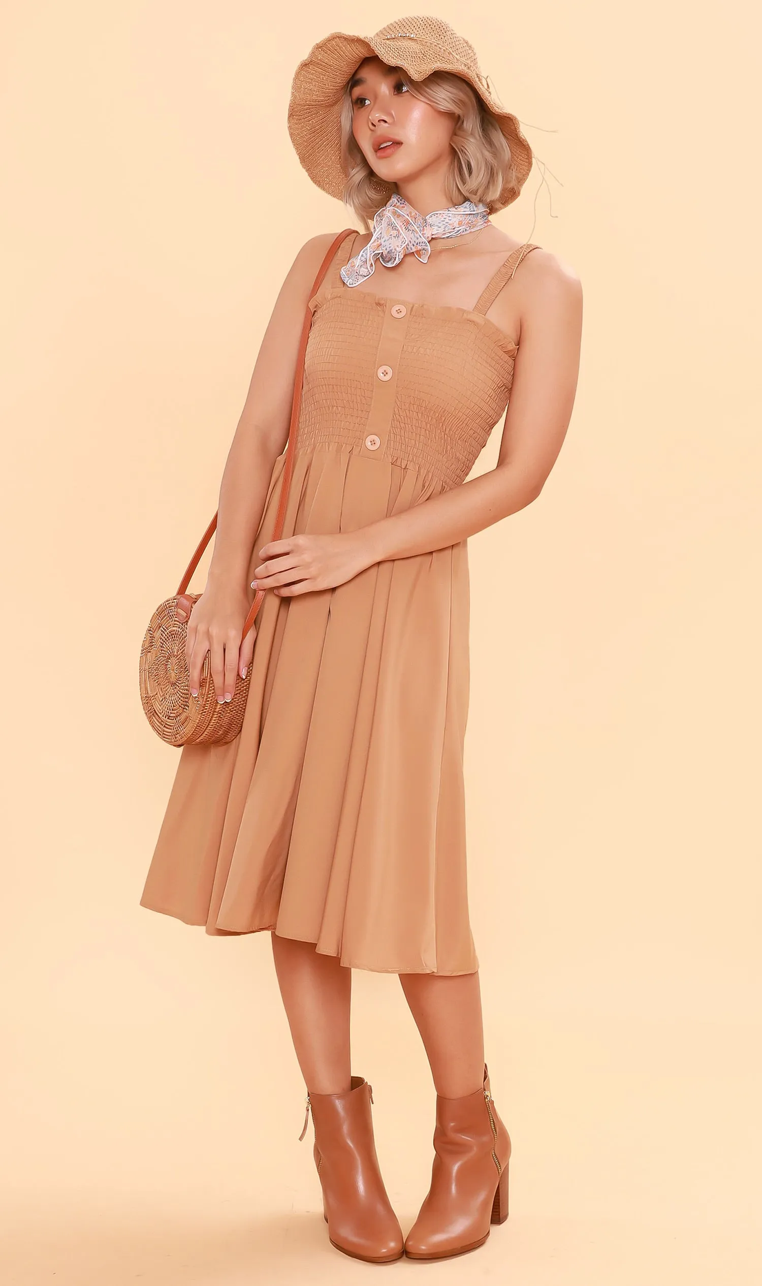 GENEVIEVE Smocked Midi Dress (Latte Brown)