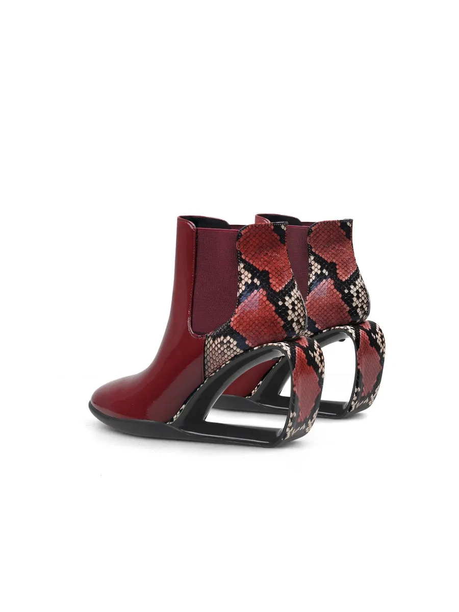 Genuine Leather Elevator Wedge-Heel Claret Leopard Ankle Boots