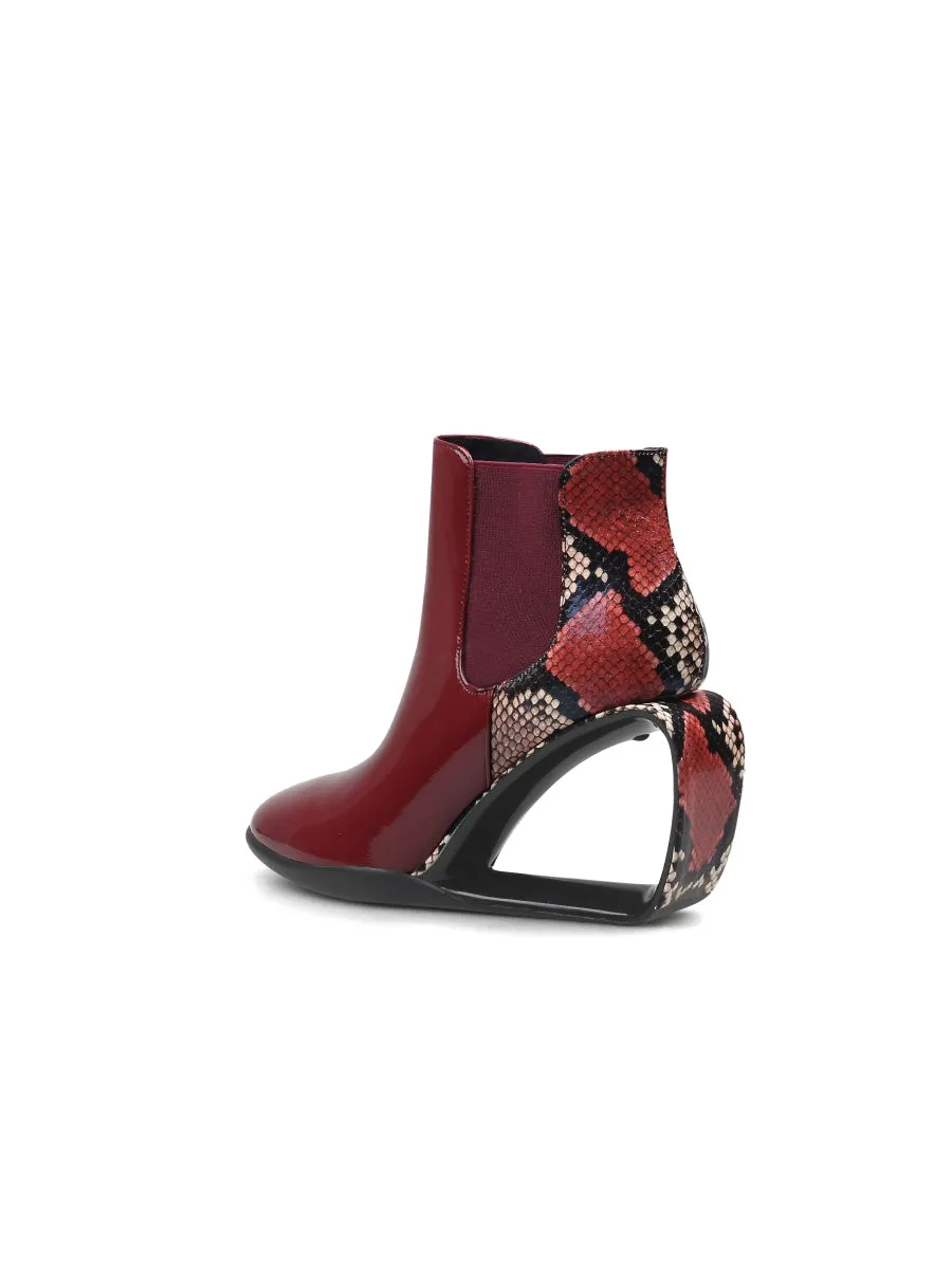 Genuine Leather Elevator Wedge-Heel Claret Leopard Ankle Boots
