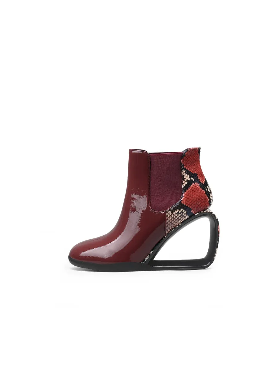 Genuine Leather Elevator Wedge-Heel Claret Leopard Ankle Boots