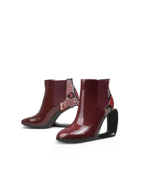 Genuine Leather Elevator Wedge-Heel Claret Leopard Ankle Boots
