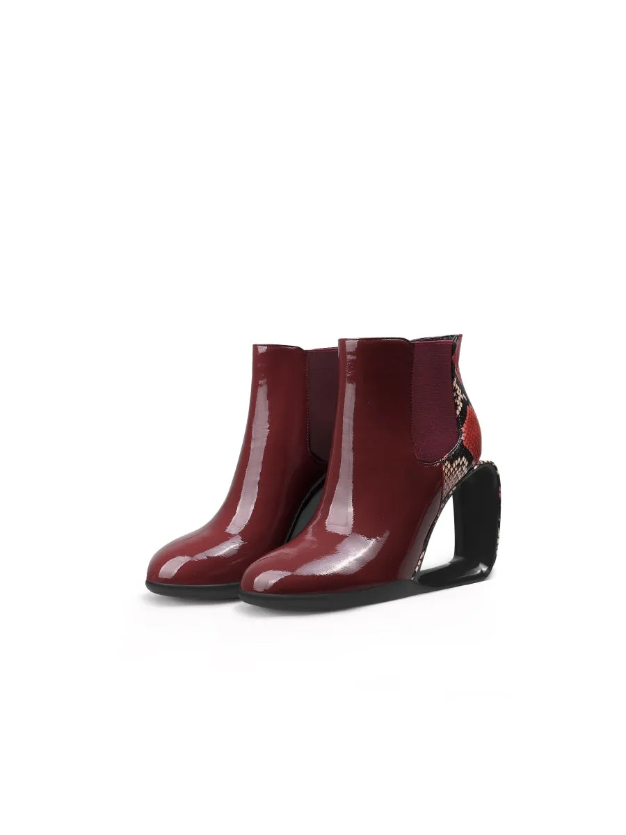 Genuine Leather Elevator Wedge-Heel Claret Leopard Ankle Boots
