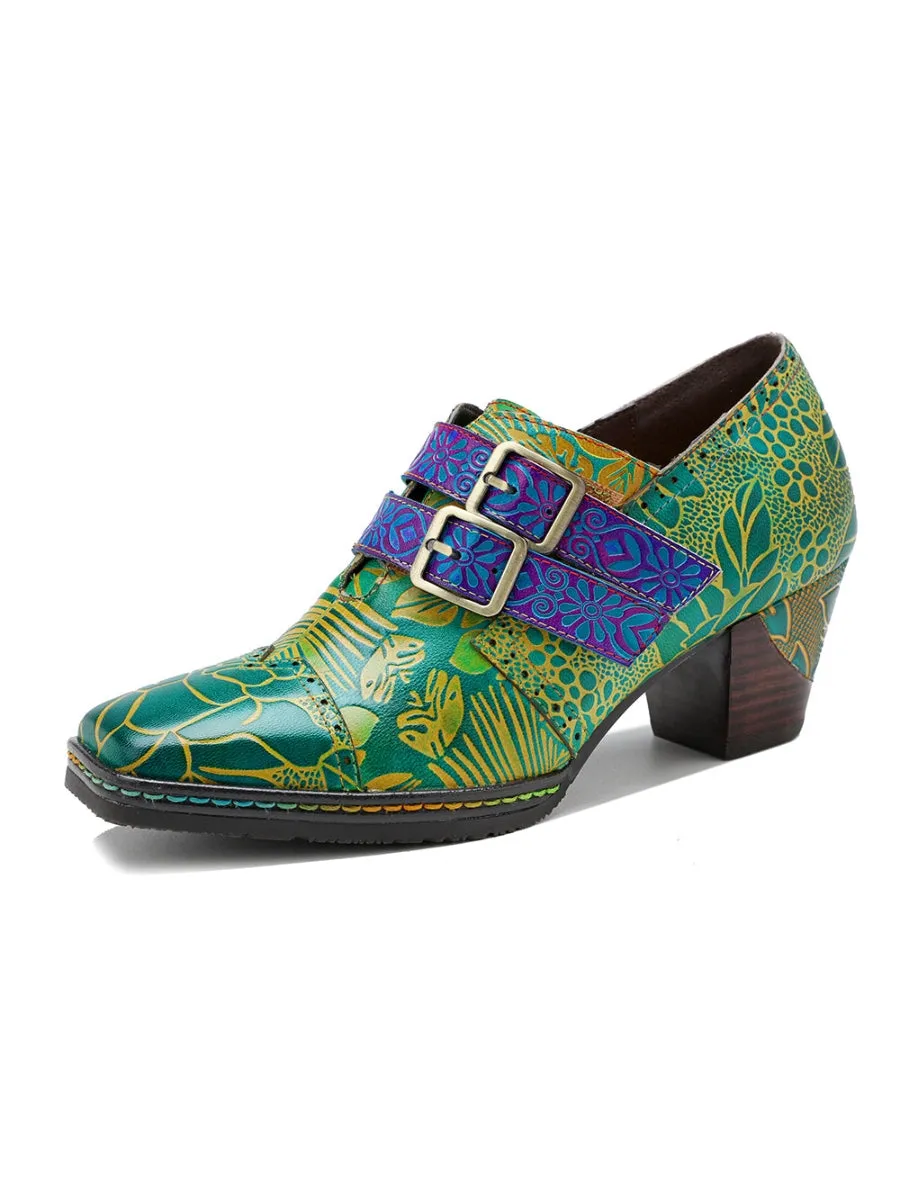 Genuine Leather Floral Embossed Double Strap Low Heel Monks Oxford Shoes