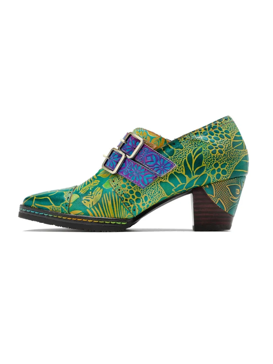 Genuine Leather Floral Embossed Double Strap Low Heel Monks Oxford Shoes