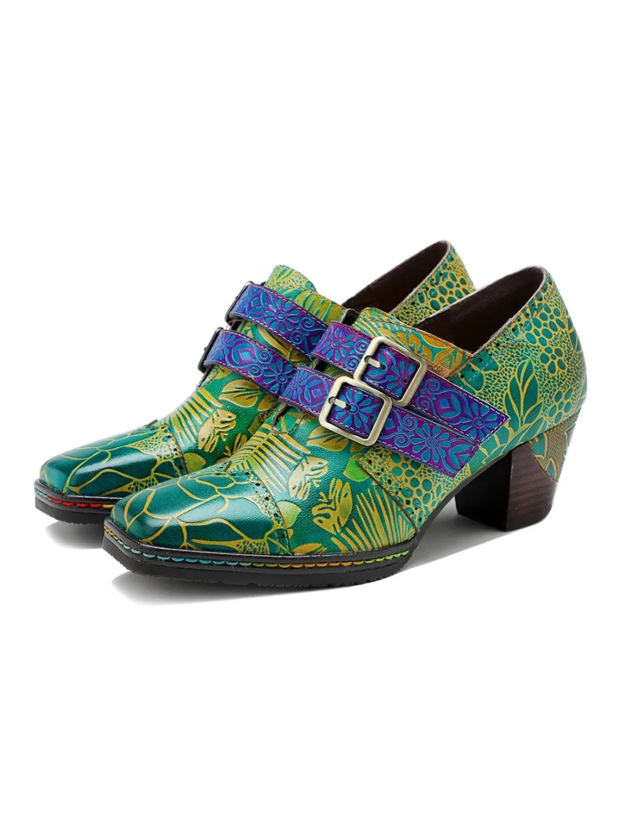 Genuine Leather Floral Embossed Double Strap Low Heel Monks Oxford Shoes