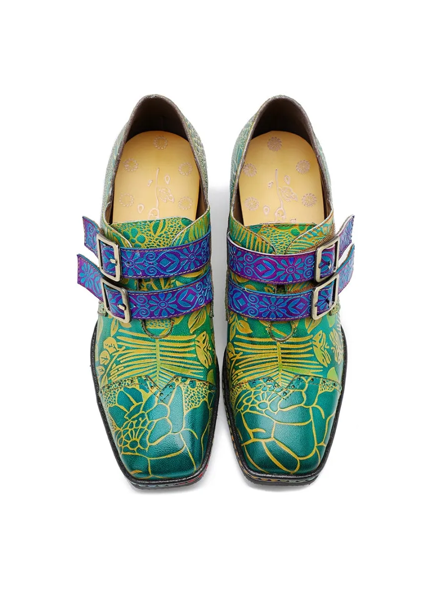 Genuine Leather Floral Embossed Double Strap Low Heel Monks Oxford Shoes